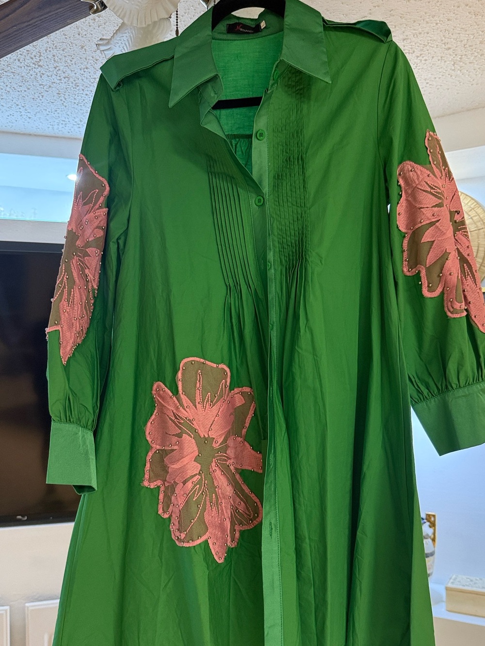 N by Nancy Green High-Low Shirt Dress with Pink Floral Appliqué